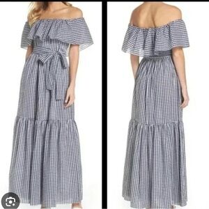 Chelsea28 Blue and White Off-Shoulder Maxi Dress